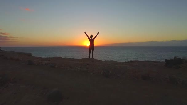 AERIAL: Mujer levantando las manos en la cima del acantilado del océano — Vídeo de stock