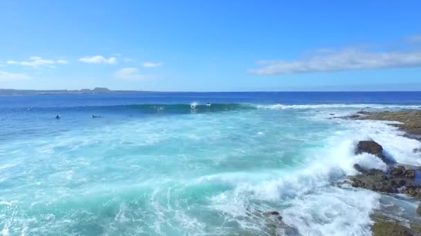 Antenne: Surfer paardrijden grote snelle golf in Canarische eilanden — Stockvideo