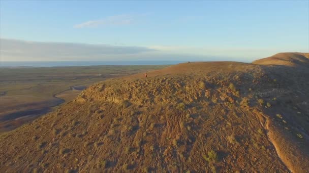 Antenne: Überfliegt fröhliche Frau, die auf Berggipfel die Hände hebt — Stockvideo