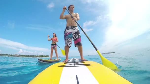 Szczęśliwa młoda para Sup na pokład na niebieski ocean w Malediwy — Wideo stockowe