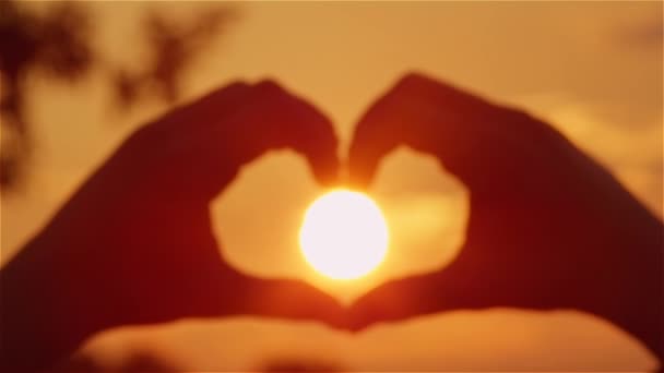 Close-up: Maken van hart met handen rond de zon — Stockvideo