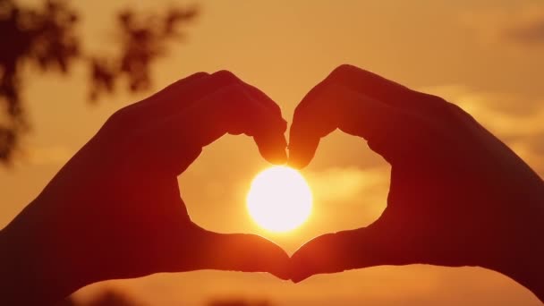 CERRAR: Hacer corazón con las manos sobre el sol poniente — Vídeo de stock