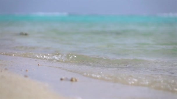 SLOW MOTION FECHAR UP: Pequenas ondas oceânicas lavando em terra — Vídeo de Stock