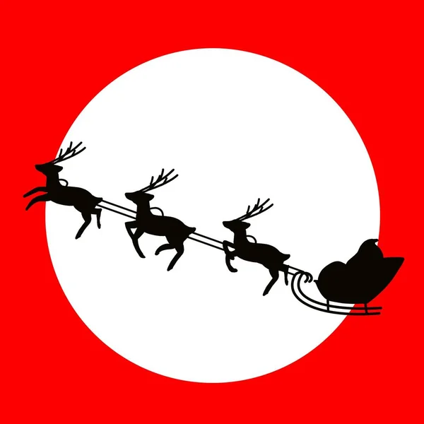 Kızaktaki Noel Baba uçuyor. kırmızı zemin beyaz ay. Noel Baba silueti.