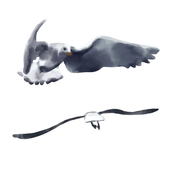 En flock måsar som flyger i skyn. illustration akvarell — Stockfoto