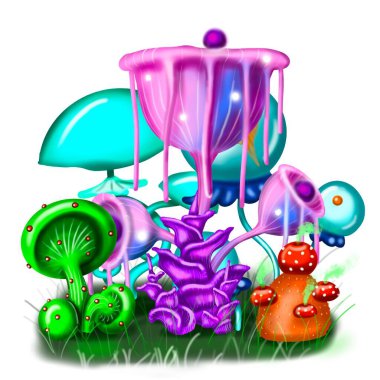Mantarlı gündüz ormanı fantezisi. Sihirli mantarların çizimi