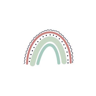 Beyaz arka planda çocuklar için basılabilir posterde damlaları ve kalbi olan şirin bir gökkuşağı seti.