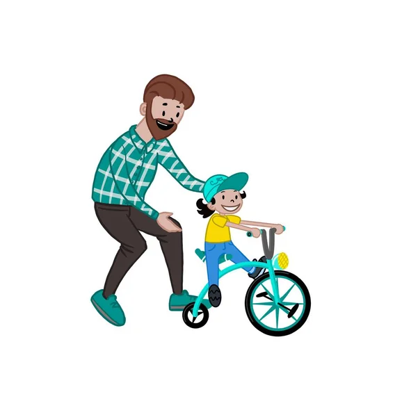 Un padre premuroso insegna a sua figlia ad andare in bicicletta per la prima volta. Il padre aiuta il bambino ad andare in bicicletta. Genitorialità, concetto genitoriale. illustrazione in stile piatto isolato su sfondo bianco. — Foto Stock