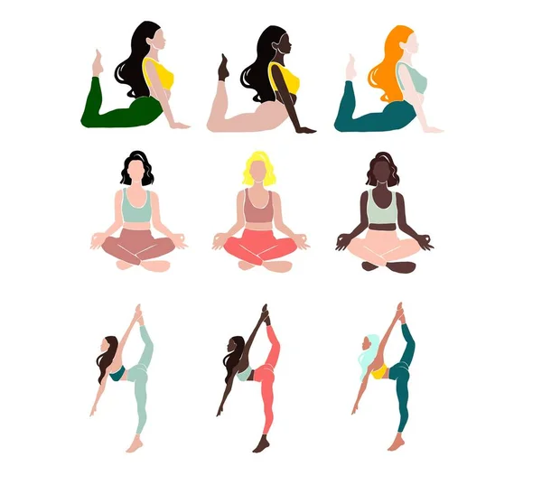 Set Young girl yoga posing. Flat style illustration. American-African wonem, azia women — Stock Photo, Image