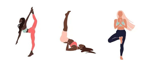 Sæt Ung pige yoga poserende. Flad stil illustration. Afrikansk amerikansk pige - Stock-foto