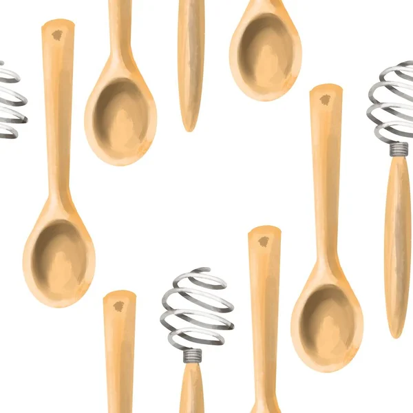 Modèle sans couture avec des outils de cuisson sur fond blanc. fond. Spatules en bois, cuillères, fouet, cuillères à mesurer. Dessiné à la main à l'aquarelle. — Photo