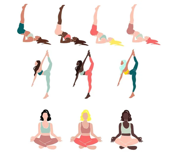 Set Young girl yoga posing. Flat style illustration. African American girl — Stock Photo, Image