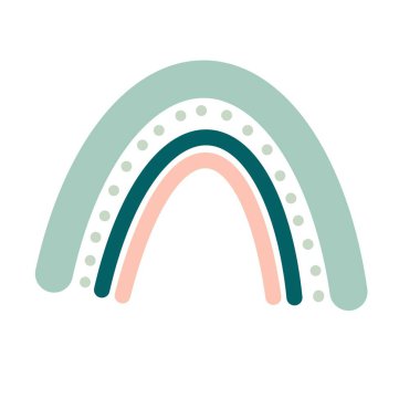 Beyaz arka planda çocuklar için basılabilir posterde damlaları ve kalbi olan şirin bir gökkuşağı seti.