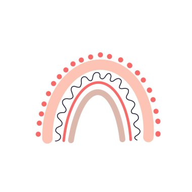 Beyaz arka planda çocuklar için basılabilir posterde damlaları ve kalbi olan şirin bir gökkuşağı seti.