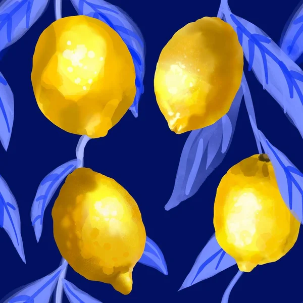 水彩画无缝图案。蓝色背景上有叶子的柠檬的图解 — 图库照片