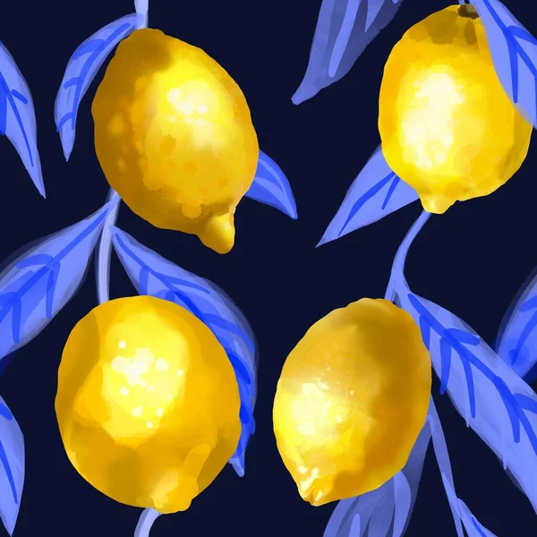 Acquerello modello senza soluzione di continuità. illustrazione di limoni con foglie su sfondo blu — Foto Stock