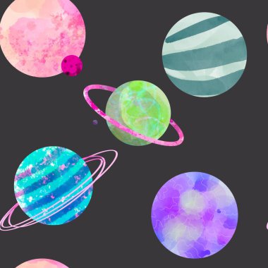 Suluboya desensiz uzay gezegenleri. Suluboya Uzay, Kozmos, retro gezegenler. Kuyruklu yıldızlar, ay, yıldızlar, osteroid, stilize gezegenler - çizim. Eski gezegenler