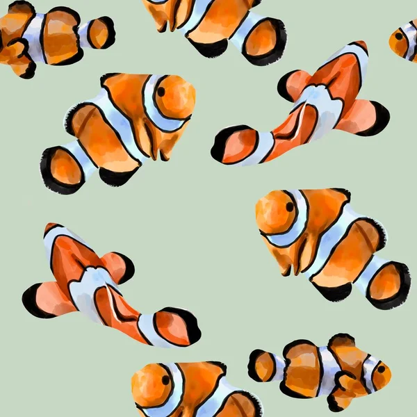 Акварель бесшовная картина иллюстрации оранжевой рыбы-клоуна. Экзотическая амфиприонная рыба на заднем плане. — стоковое фото