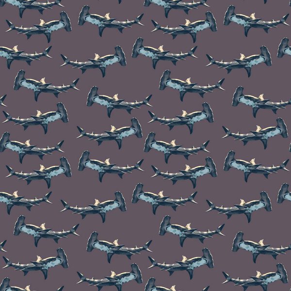 Watercolor seamless pattern hammerhead shark hand drawn illustration