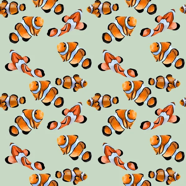 Watercolor seamless pattern illustration of orange clown fish. Exotic salt water amphiprion fish on blue background. — Stock Photo, Image