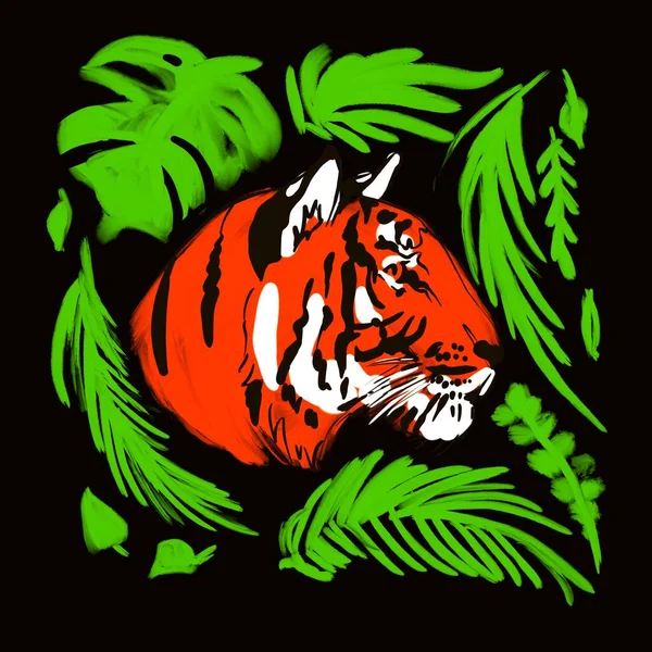A ilustração do tigre predador é desenhada à mão com logotipos de tatuagem de tinta — Fotografia de Stock