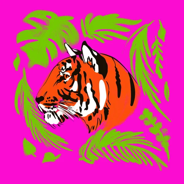 A ilustração do tigre predador é desenhada à mão com logotipos de tatuagem de tinta — Fotografia de Stock