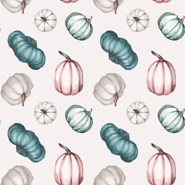 Patrón de acuarela sin costuras con calabazas rosas verdes y blancas y hojas de otoño. Diseño para la decoración de papel de envolver, fondo — Foto de Stock