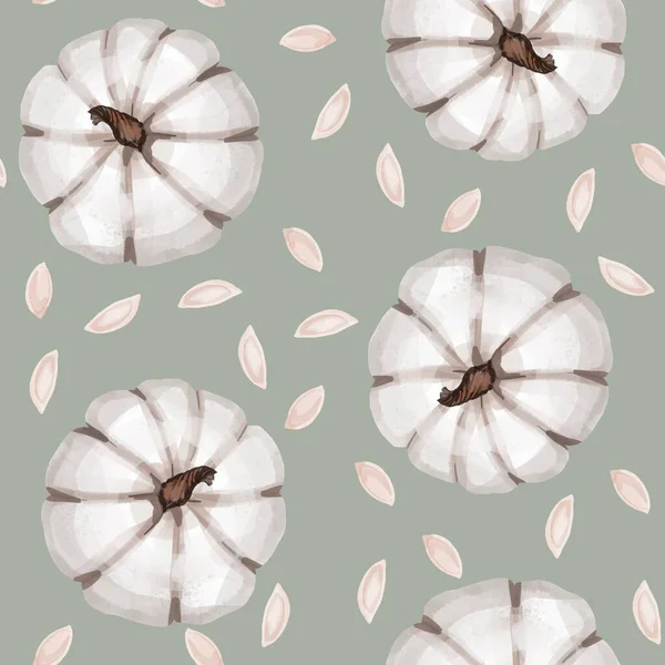 Patrón de acuarela sin costuras con calabazas rosas verdes y blancas y hojas de otoño. Diseño para la decoración de papel de envolver, fondo —  Fotos de Stock