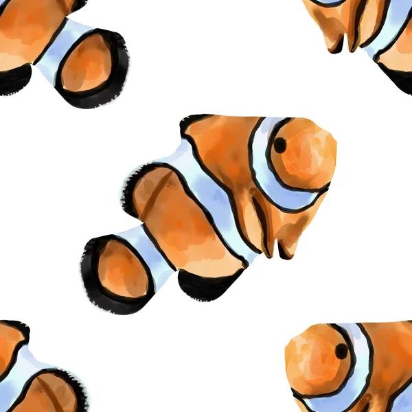 Watercolor seamless pattern illustration of an orange clown fish. Salt water exotic amphiprion fish isolated on background. — Stock Photo, Image