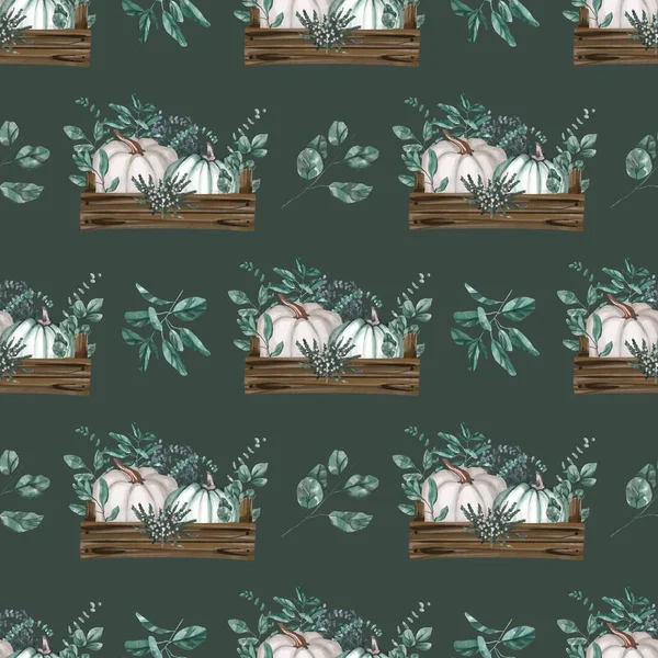 Seamless watercolor pattern with green, white end rose pumpkins and autumn leaves. Design for wrapping paper decoration, background — Stock Photo, Image