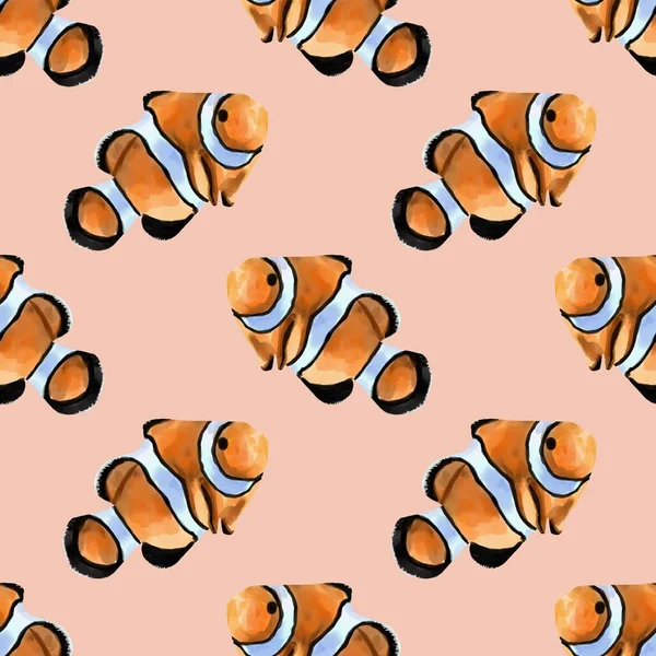Υδατογραφία αδιάλειπτη απεικόνιση μοτίβο ενός πορτοκαλιού ψαριού κλόουν. Αλμυρά νερά εξωτικά ψάρια αμφίπριων απομονωμένα σε φόντο. — Φωτογραφία Αρχείου