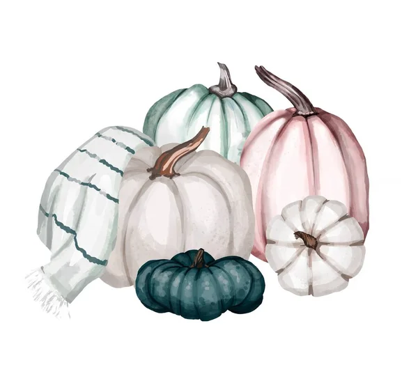 Composition aquarelle de citrouilles colorées et de feuilles d'automne. Illustration botanique isolée sur fond blanc. Composition Halloween et jour de Thanksgiving de citrouilles vertes, bleues et blanches. — Photo