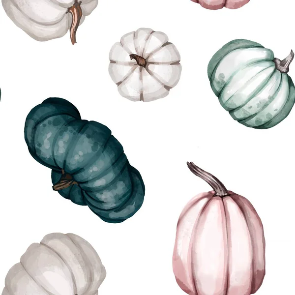 Seamless watercolor pattern with green, white end rose pumpkins and autumn leaves. Design for wrapping paper decoration, background — Stock Photo, Image