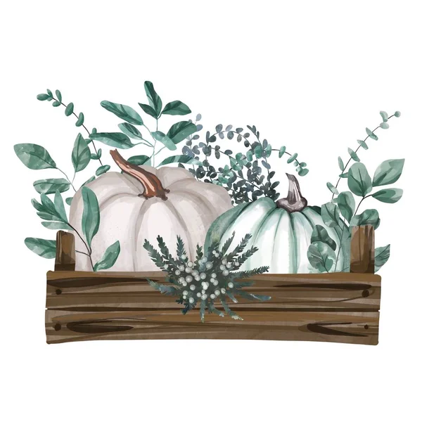 Akvarell sammansättning av färgglada pumpor och höstlöv. Botanisk illustration isolerad på vit bakgrund. Halloween och Thanksgiving dag sammansättning av gröna, blå och vita pumpor. — Stockfoto