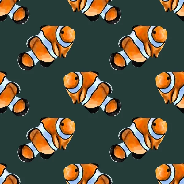 Watercolor seamless pattern illustration of an orange clown fish. Salt water exotic amphiprion fish isolated on background. — Stock Photo, Image
