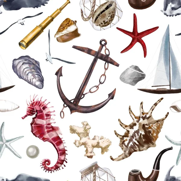 Morski bezszwowy wzór z akwarelowymi ilustracjami muszli — Zdjęcie stockowe