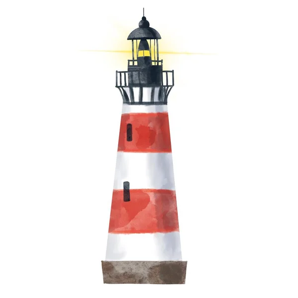 Farol vermelho e branco listrado - ilustração aquarela isolada no fundo branco, clipart desenhado à mão. Ilustração para roupas, adesivos, chá de bebê, cartões de saudação, impressões. — Fotografia de Stock