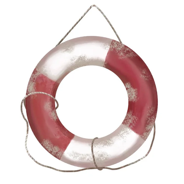 Illustrazione ad acquerello dell'anello di vita. salvagente con corda isolata su fondo bianco. anello nuoto a strisce rosse — Foto Stock