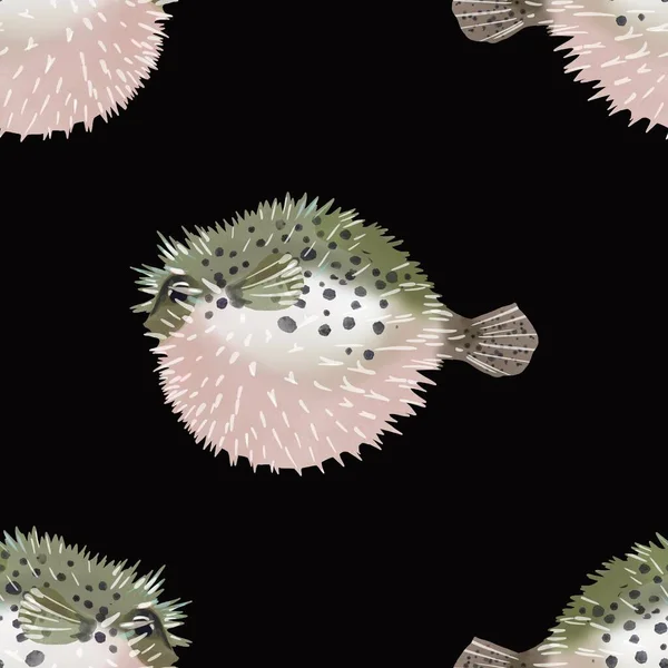 Aquarelle painting of fish sketch art illustration. Fish Fugu seamless pattern — Stock Photo, Image
