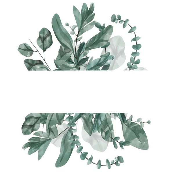 Handmålade akvarell grön blommig banner med silver dollar eukalyptus är isolerad på en vit bakgrund. Helande örter — Stockfoto