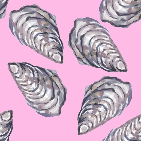 Nautical seamless pattern with watercolor illustrations of shells oyster — Stock Photo, Image