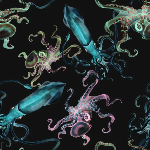 Patrón sin costura pulpo calamar acuarela, ilustración pintada a mano —  Fotos de Stock
