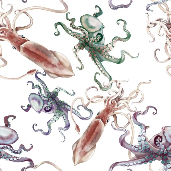 Watercolor squid octopus seamless pattern, hand painted illustration