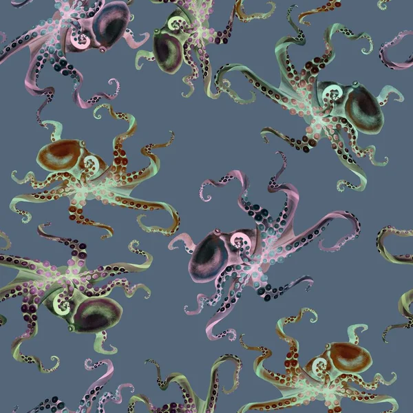 Beautiful seamless underwater pattern with watercolor octopus. — Stock Photo, Image