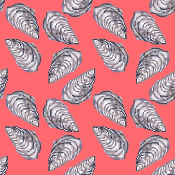 Nautical seamless pattern with watercolor illustrations of shells oyster — Stock Photo, Image