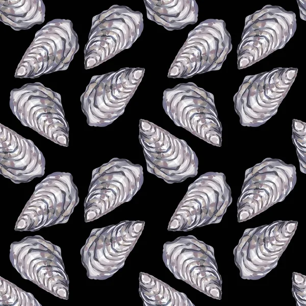 Nautisch naadloos patroon met aquarelillustraties van schelpen oester — Stockfoto