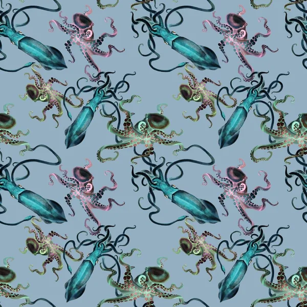 Akvarell bläckfisk bläckfisk sömlös mönster, handmålade illustration — Stockfoto