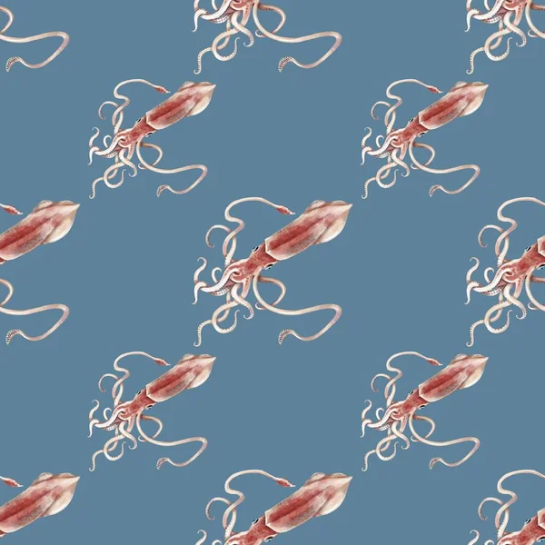 Aquarel inktvis naadloos patroon, met de hand geschilderde illustratie achtergrond — Stockfoto