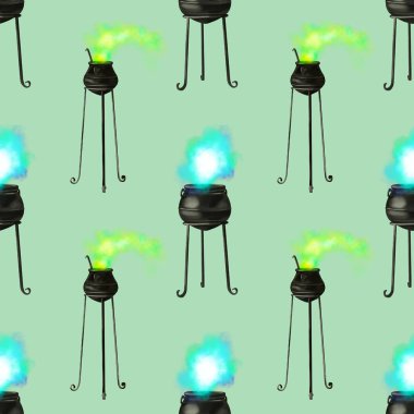 Suluboya Sihirli Kazan kusursuz desen. İksir cadıları illüstrasyonu 