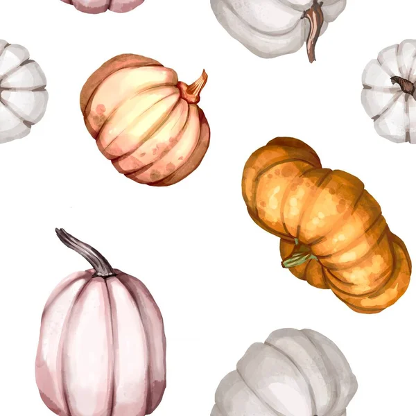 Acquerello zucca modello senza soluzione di continuità. Zucche arancioni, rosa e bianche — Foto Stock